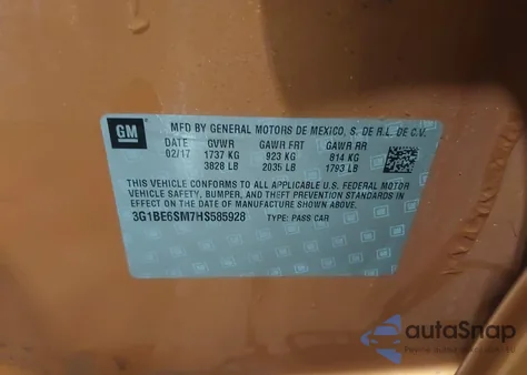 2017 Chevrolet Cruze Lt Auto z USA, uszkodzony, nr VIN 3G1BE6SM7HS585928